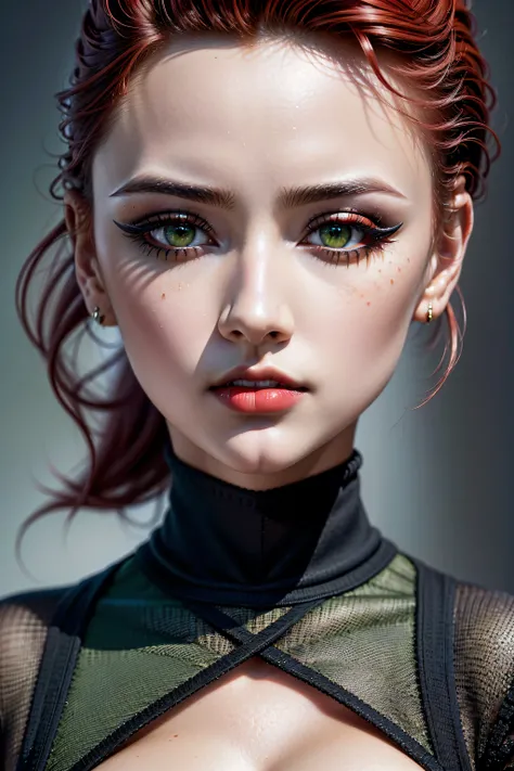 Divide Ratio : 1,1,1 Base Ratio: (intricately detailed portrait:1.15), (1girl:1.35, 20-year-old), Realism, (high resolution), (depth of field), (highest quality realistic texture skin),(highest quality realistic texture hair), ((red hair, (slicked up one s...