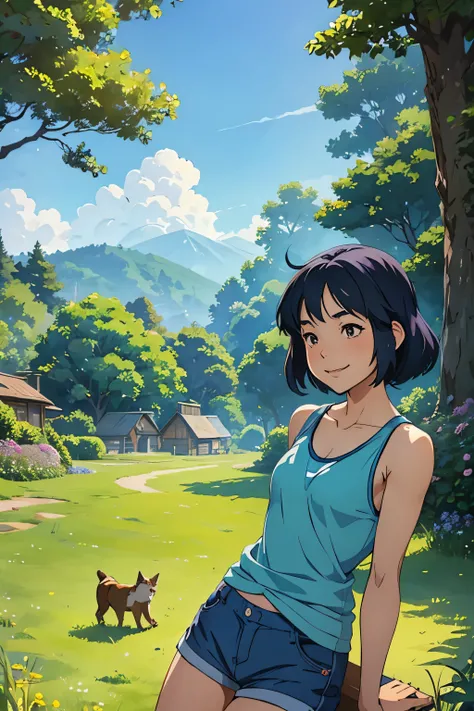 Studio Ghibli scenery, pretty girl with pets, wearing blue shorts and tank top, playing in meadows, happy, joyous, perfect