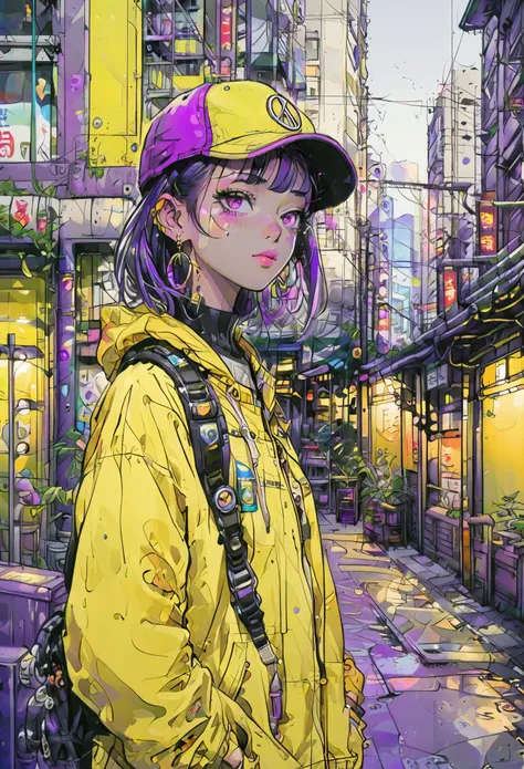 1girl,solo,colorful,yellow eyes,cyberpunk,city,peace sign,earrings,purple hair,eye patche,freckles,prothesis,mechanic,neon,beautiful lighting,purple reflection,cap,smoking,character focus,cg illustration,bust shot,yellow and black outfit,black hair,