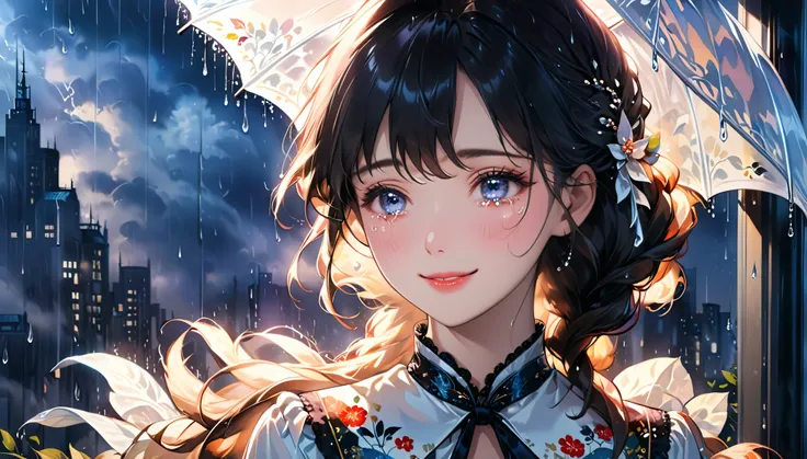best quality, highres, ultra-detailed, realistic:1.37, vibrant colors, portrait, soft lighting, long eyelashes, sparkling eyes, glossy lips, detailed skin, retro pattern, pastel colors, ((smile while crying1.2)), ((shedding tears:2.0),, ((sad look:1.8)),, ...