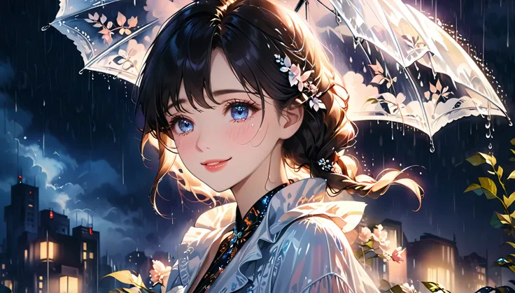 best quality, highres, ultra-detailed, realistic:1.37, vibrant colors, portrait, soft lighting, long eyelashes, sparkling eyes, glossy lips, detailed skin, retro pattern, pastel colors, ((smile while crying1.2)), ((shedding tears:2.0),, ((sad look:1.8)),, ...