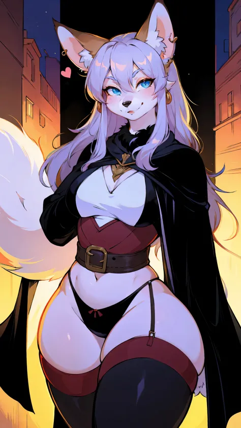 small animal_ears,mature_female,cute,furry_girl,wolf_girl,Elegant figure,193cm tall,Models body_type,detailed_eyes,silver_hair,cute_ears,wolf_ears,black robe,leggings,fluffy_furs,earrings,upper body,stocking with garterbelt,neck garter,(perfect detailed ey...