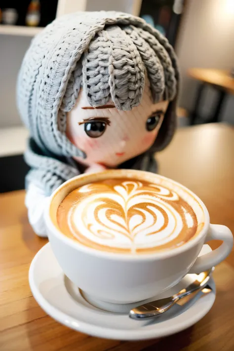 Photorealistic、My little daughter was amazed at the artistic cafe latte art.
