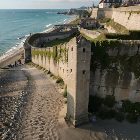 Ich, stehe am Abgrund der Burgmauer das direkt am Strand ist, 