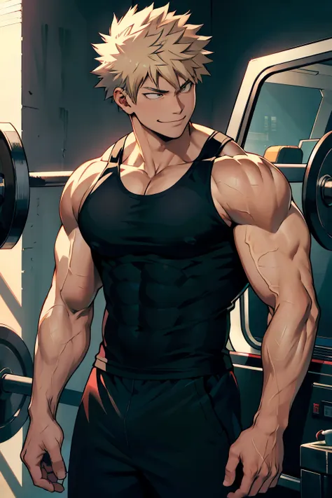 katsuki bakugo from boku no hero academia, wearing black gym pants and black tank top, smug smile, bodybuilder, defined body, ab...