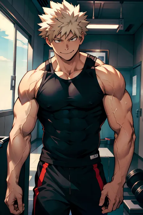 Katsuki Bakugo from Boku No Hero Academia, wearing black gym pants and black tank top, smug smile, bodybuilder, defined body, abs, big muscles