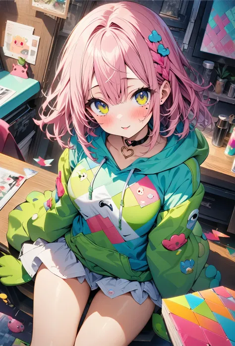 ,beautiful flower々）,Mole under the eye, Heart-shaped choker, (masterpiece, highest quality), Official Art, beautifully、aesthetic: 1.2), (1 girl), Very detailed, (Geometry Art: 1.3), colorful、Pink Bob Hair、Frog Hoodie Shirt、mini skirt