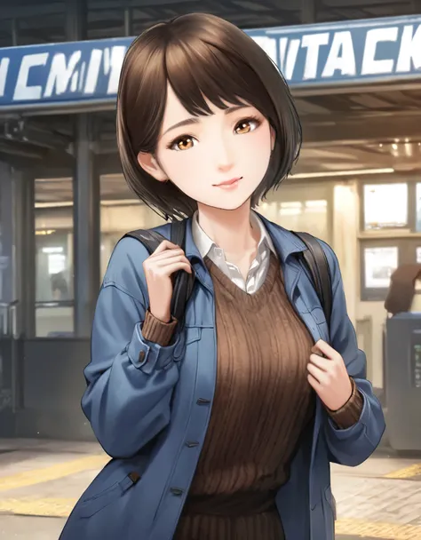 (best quality:1.2), 1girl, break, in front of the station, morning