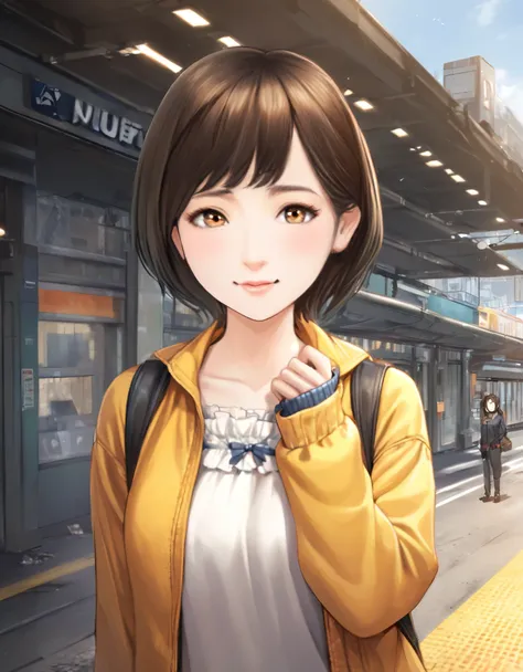 (best quality:1.2), 1girl, break, in front of the station, morning