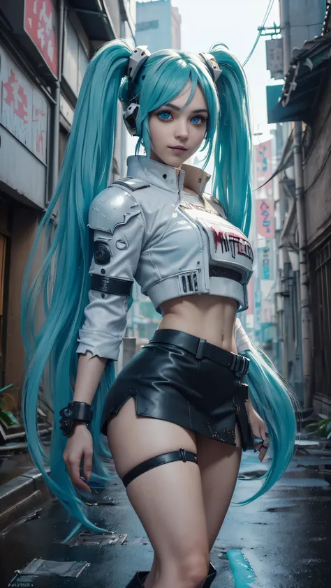 (la mejor calidad,a high resolution,ultra - detallado,actual), miku hatsune, ,(ruined alley tokyo cyberpunk dungeon ruins backgr...