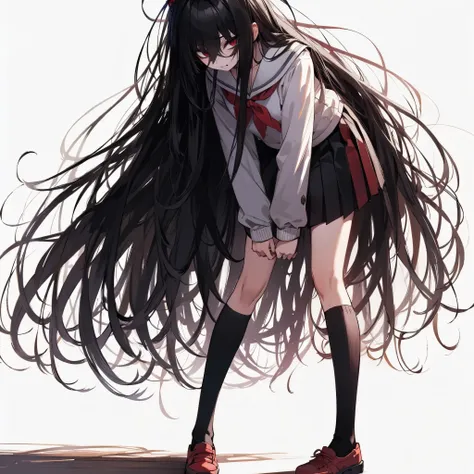 
(masterpiece, Best Quality), (detailed hairs), Ultra-detailed, Anime style, Full body, Solo, Tall hunched posture girl, in simple school outfit and wide-mouthed hat, very long shaggy black hair, Eyes blazing with hellfire, wearing red shoes, shadows form ...