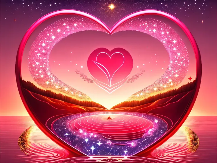 best quality, super fine, 16k, a river in space with countless gold star marks and several pink heart marks flowing like a river, a red crescent moon