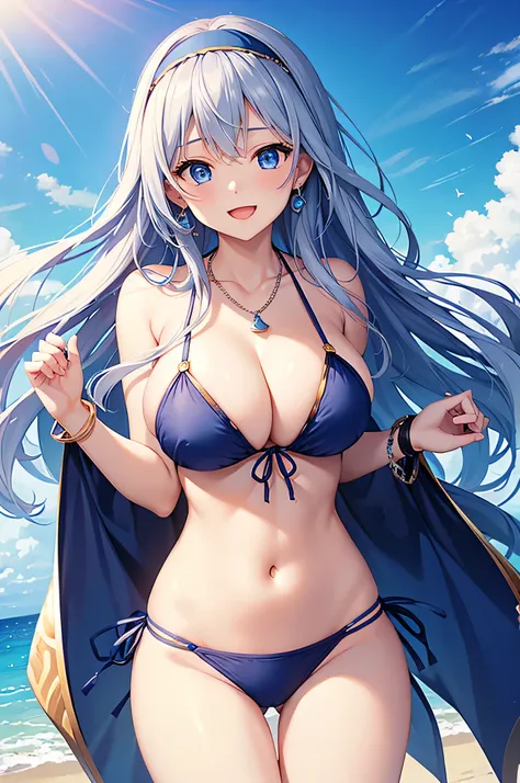 highest quality、Best image quality、masterpiece、beautiful girl、Navy blue long hair、blue eyes、Navy Blue Bikini、Big cleavage、(Big Breasts)、smile、blue necklace、Blue Earrings、background(Beach)、Sexy pose、Please open your mouth wide、White headband、Dynamic Angle、b...