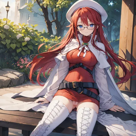 pov,(nsfw:1.2),summonnightaty, aty, (young:1.3),long hair, blue eyes, red hair, beret, hat, glasses,
BREAK long hair, thighhighs, hat, dress, boots, glasses, belt, cape, sweater, zettai ryouiki, beret, thigh boots, white footwear, ribbed sweater, loose bel...