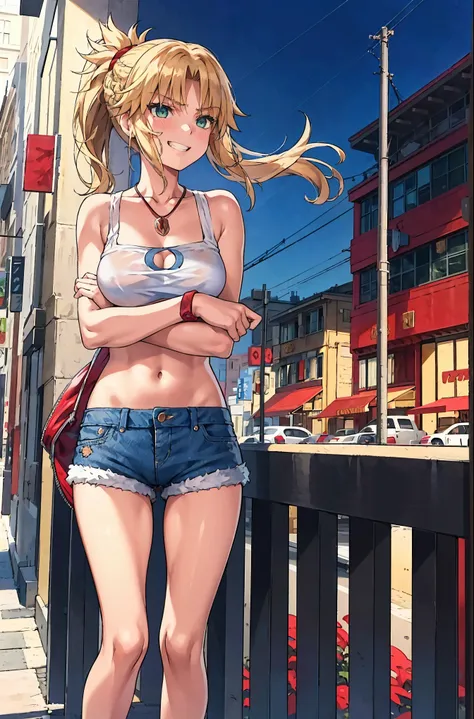 Masterpiece, Best Quality, illustration, city street, 1girl, Mordred (fate), cowboy shot, collarbone, Detailed blond hair ponytail braid, green eyes, Red leather jacket, White short blouse, denim shorts,navel,thigh-high,grin, covered_pussy,skiny