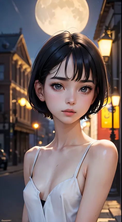 (,Street lamp,moon),masterpiece, One woman, Solo Exhibitions, Beautiful woman with small breasts,Beautiful Goddess Portrait, Beautiful and elaborate face, Porcelain-like skin, (((Full Shot,center, night, Black Hair, short hair)), Very soft lighting, Full S...