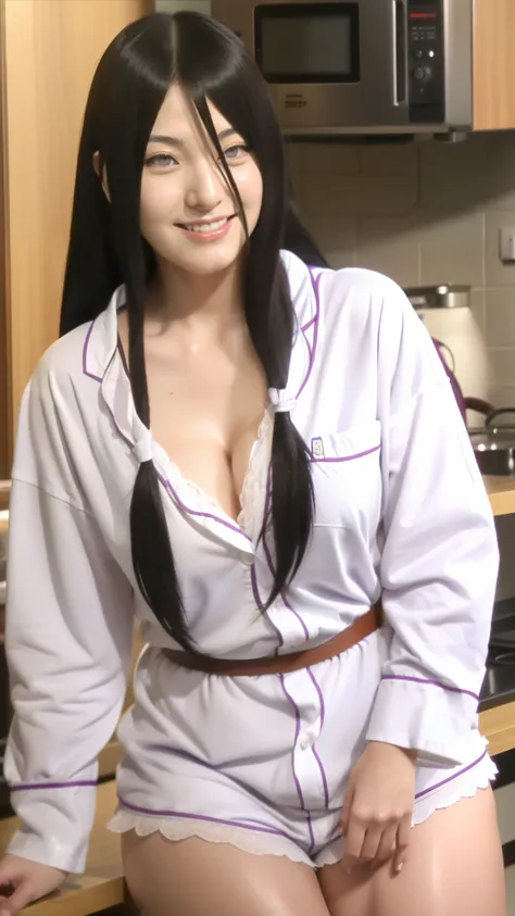 hyuuga hanabi, long hair tied low, hair band, hana purple eyes, beautiful, beautiful woman, perfect body, (((thick thighs))), perfect breasts, wearing white pajamas, pajamas, sleepwear, in the kitchen, clear kitchen, looking at the audience, a slight smile...