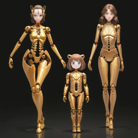 all female robots, 
Brown Hair,
 Wavy Hair,
 Hazel Eyes,
 Very detailed,
 smile,
 Everyone is a machine except for their faces.,
 All of them have pretty, cute human faces.,
 All have mechanical limbs,
 No clothes for everyone,
 All exposed internal skelet...