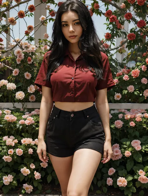 woman, black hair, black shorts, red blouse, wide hips, looking at the camera, flower background