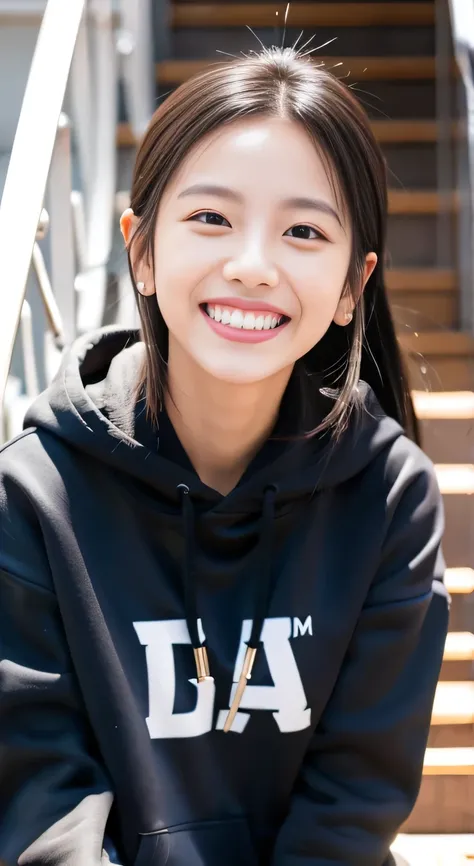 ８Ｋ、highest quality、Clear Beauty、hoodie、smile、Beautiful teeth alignment、（Gums are visible）Black Hair、Ear piercing、Upper body、The background is a staircase