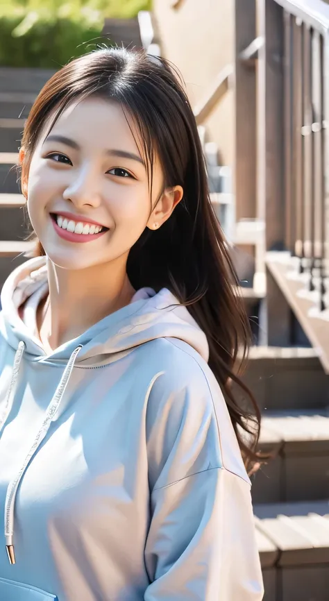 ８Ｋ、highest quality、Clear Beauty、hoodie、smile、Beautiful teeth alignment、（Gums are visible）Black Hair、Ear piercing、Upper body、The background is a staircase