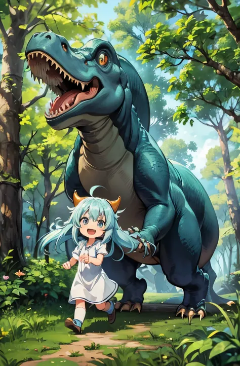 (girl), (t-rex, Tyrannosaurus head:1.2)、Light blue long hair、 Twin-tailed Chibi Character、Platinum Skin, Surprised smile, Primitive Earth、 Big tree, Chibi character being chased by a dinosaur、Little dinosaur、Large chibi character in the center