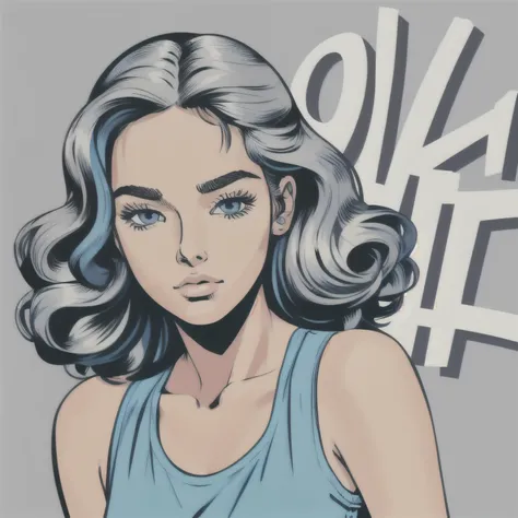 Flat Color, 25 year old surfer girl, Sunburn, ([blue eyes]) Long white wavy hair, Natural beauty, beautiful, casual, Blue Tank Top, masterpiece, Pop Art, close, Portraiture, Anime Style, Simple and bold colored line art, Manga style illustration, Cartoon A...