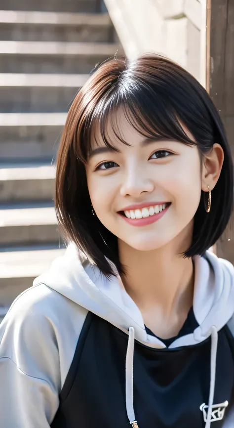 ８Ｋ、highest quality、Clear Beauty、hoodie、smile、Beautiful teeth alignment、（Gums are visible）Black Hair、Short Haircut、Ear piercing、Upper body、The background is a staircase

