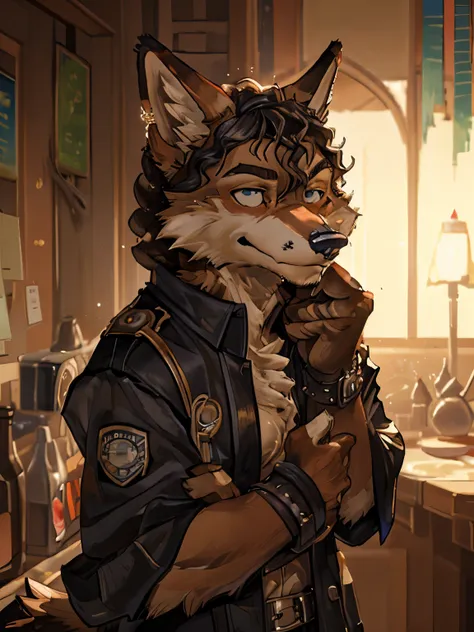 ((an anthropomorphic coyote cafe)) male, with realistic fur, black hoodie, ((black fluffy curly hair)), pelaje realista en la ca...