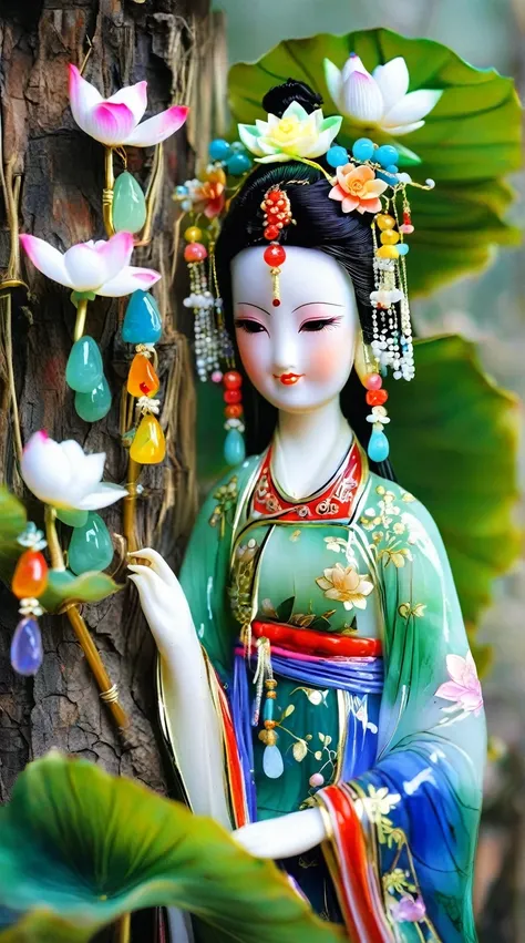 Art jade doll,
A beautiful doll, a Chinese style figure in a green and blue dress with colorful hair accessories standing under a tree, with white lotus flowers on her head and colorful gemstones hanging from her shoulders, a happy expression, exquisite f...