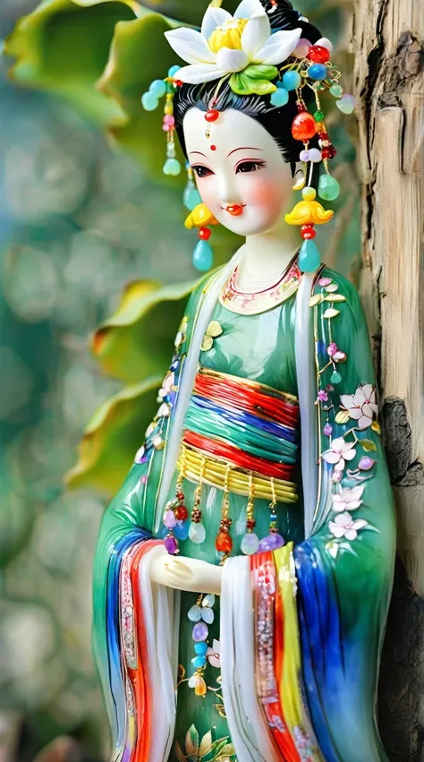 Art jade doll,
A beautiful doll, a Chinese style figure in a green and blue dress with colorful hair accessories standing under a tree, with white lotus flowers on her head and colorful gemstones hanging from her shoulders, a happy expression, exquisite f...