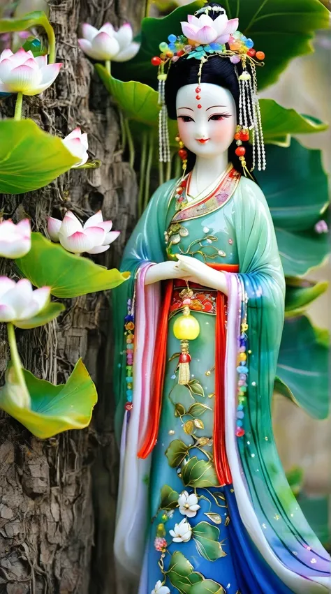 Art jade doll,
A beautiful doll, a Chinese style figure in a green and blue dress with colorful hair accessories standing under a tree, with white lotus flowers on her head and colorful gemstones hanging from her shoulders, a happy expression, exquisite f...