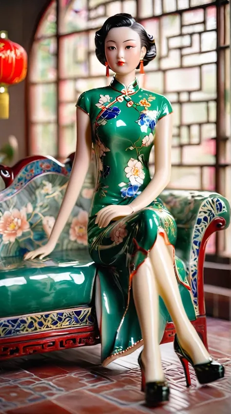 Art jade doll,
A glossy ceramic figure sits on the sofa, wearing an elegant green cheongsam with colorful patterns and black high heels. The background is in the style of Chinese style, with large windows behind her that illuminate sunlight into the room....