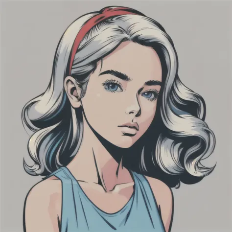 Flat Color, 25 year old surfer girl, Sunburn, ([blue eyes]) Long white wavy hair, Natural beauty, beautiful, casual, Red Tank Top, masterpiece, Pop Art, close, Portraiture, Anime Style, Simple and bold colored line art, Manga style illustration, Cartoon Ar...