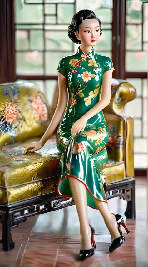Art jade doll,
A glossy ceramic figure sits on the sofa, wearing an elegant green cheongsam with colorful patterns and black high heels. The background is in the style of Chinese style, with large windows behind her that illuminate sunlight into the room....