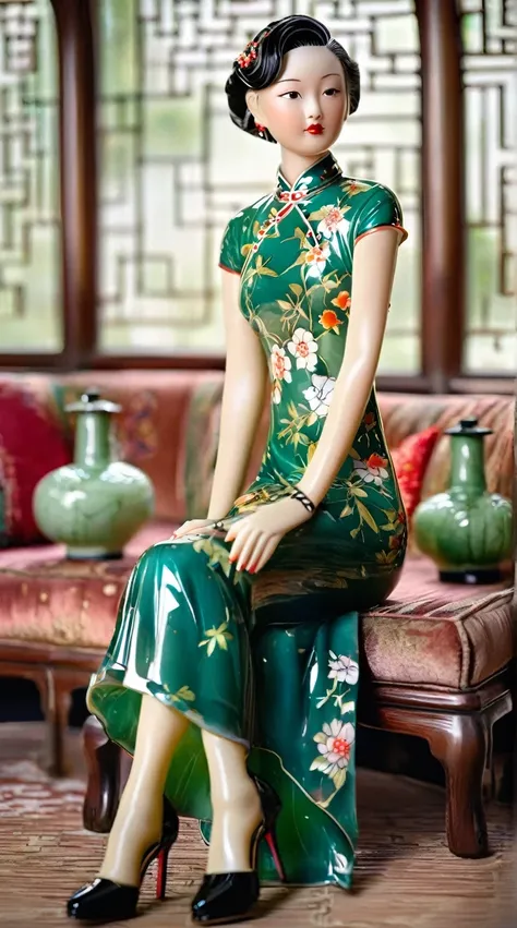Art jade doll,
A glossy ceramic figure sits on the sofa, wearing an elegant green cheongsam with colorful patterns and black high heels. The background is in the style of Chinese style, with large windows behind her that illuminate sunlight into the room....