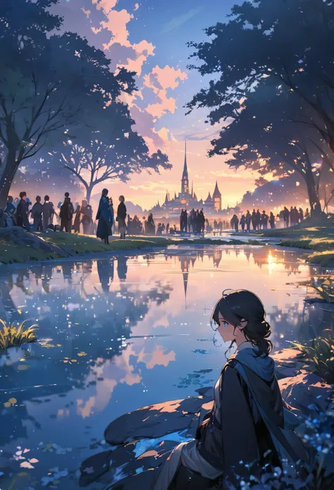 World, crowd, us, dawn and dusk, blue morning, distant hometown, once upon a time, sunny, youthful, blue morning, gray leaves, pond, evening breeze, distant light,(masterpiece, best quality:1.2), extremly detailed