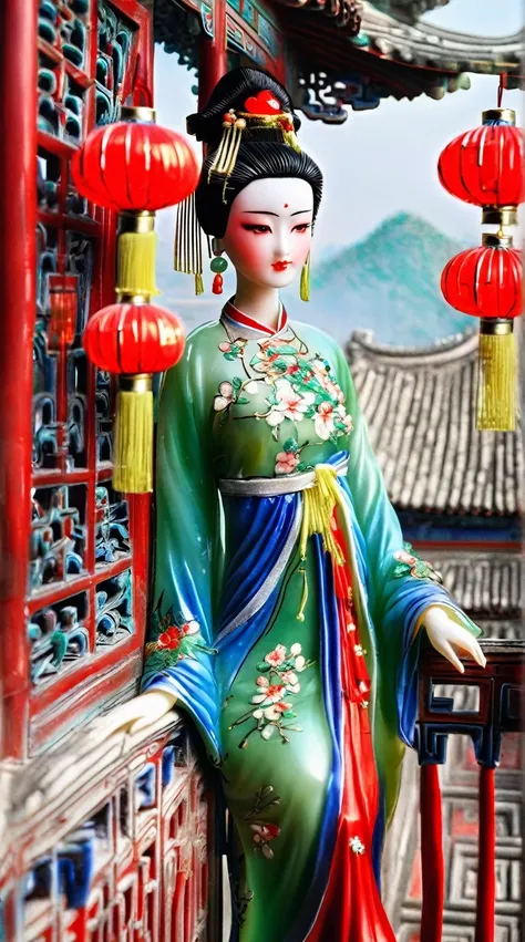 Art jade doll,
A Chinese beauty in an ancient green and blue dress stands on the balcony of her mansion, with red lanterns hanging above her head. She is wearing exquisite jewelry and makeup, exuding elegance and charm. Photorealistic photos in the style ...