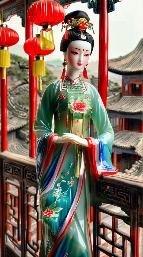 Art jade doll,
A Chinese beauty in an ancient green and blue dress stands on the balcony of her mansion, with red lanterns hanging above her head. She is wearing exquisite jewelry and makeup, exuding elegance and charm. Photorealistic photos in the style ...
