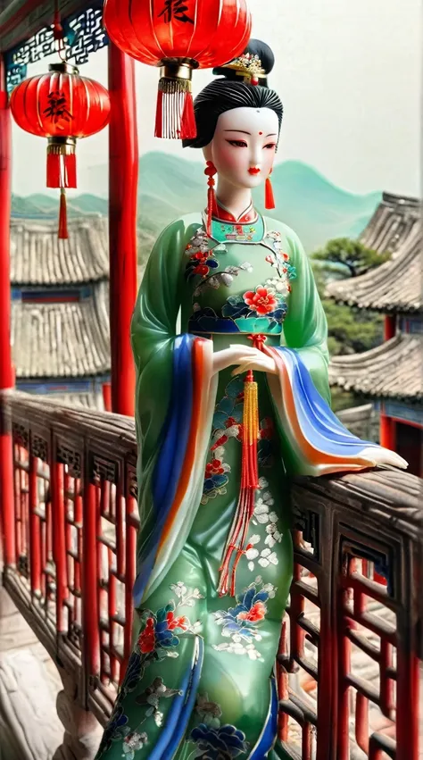 Art jade doll,
A Chinese beauty in an ancient green and blue dress stands on the balcony of her mansion, with red lanterns hanging above her head. She is wearing exquisite jewelry and makeup, exuding elegance and charm. Photorealistic photos in the style ...