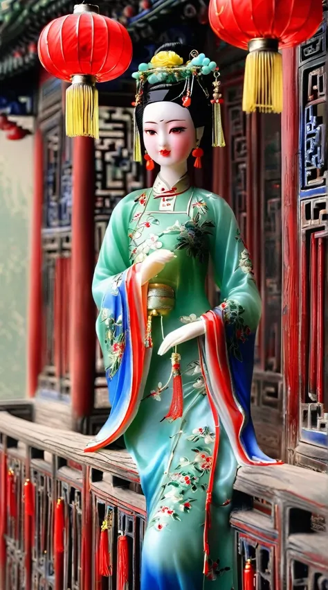 Art jade doll,
A Chinese beauty in an ancient green and blue dress stands on the balcony of her mansion, with red lanterns hanging above her head. She is wearing exquisite jewelry and makeup, exuding elegance and charm. Photorealistic photos in the style ...