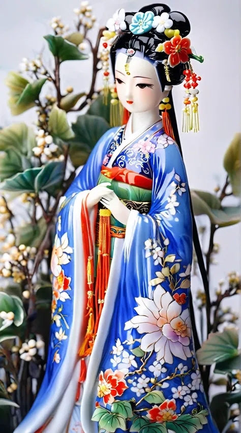 Art jade doll,
A colorful Chinese style figure porcelain model, wearing blue and white Hanfu with flowers in her hair, stands among the plants and flowers. The background of the scene has been removed. It has an anime aesthetic and features high-definitio...