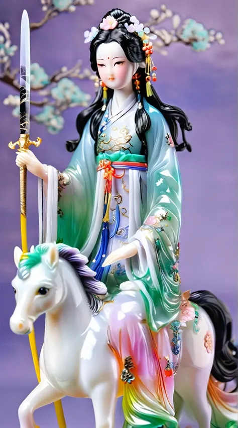 Art  jade doll，
Blind box style, full body portrait of a girl on horseback holding a sword in her hand with light purple and pink gradient hair, exquisite facial features, flowing long black hair, wearing an ancient Hanfu, complete with a unicorn head + A ...