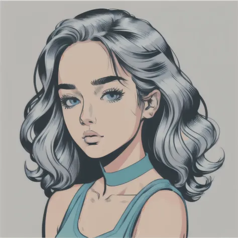 Flat Color, 25 year old surfer girl, Sunburn, ([blue eyes]) Long white wavy hair, Natural beauty, beautiful, casual, Green tank top, masterpiece, Pop Art, close, Portraiture, Anime Style, Simple and bold colored line art, Manga style illustration, Cartoon ...