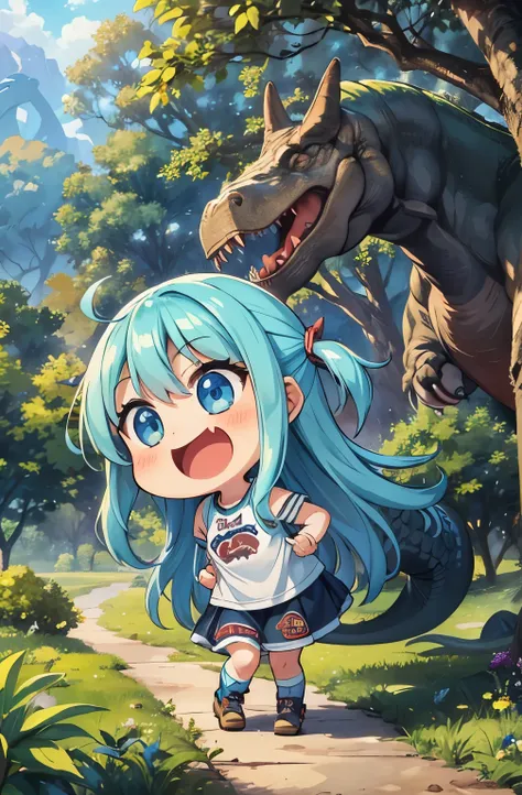 (girl), (t-rex, Tyrannosaurus head:1.3)、Light blue long hair、 Twin-tailed Chibi Character、Platinum Skin, Surprised smile, Primitive Earth、 Big tree, Little dinosaur、Large chibi character in the center