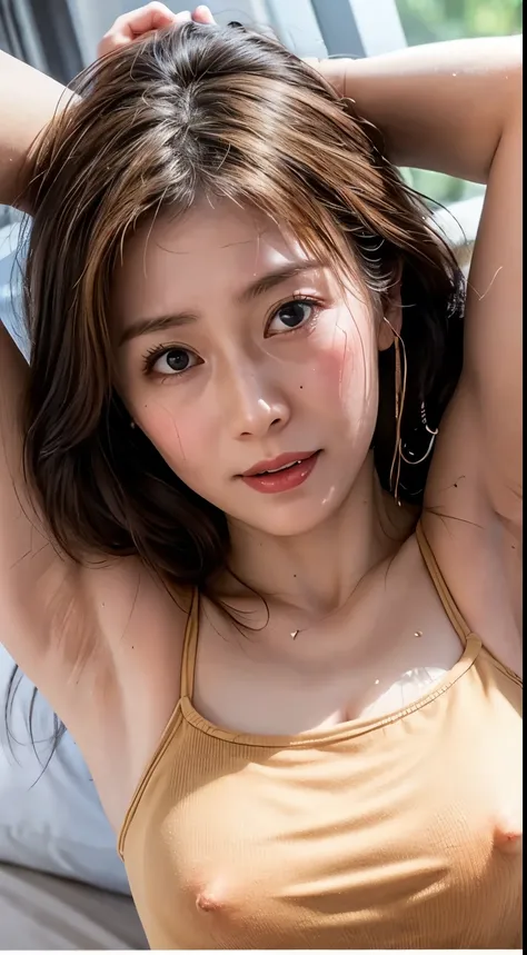 (Realistic:1.3、Ultra HD、Ultra-high resolution、8k、Japanese Housewife、On the bed)、Attention in the armpits、((Look Viewer:1.8))、(Extremely realistic skin texture:1.4)、(Realistic:1.3)、short hair、((Embarrassed expression:1.5))、(blonde:1.5)、40-year-old woman、Pon...