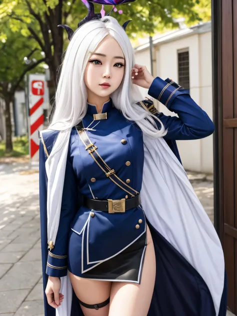 masterpiece, hd, realistic, cosplayer, asian girl, 1girl, hinadef, standing, outdoor, academy, white hair, demon, uniform, white...