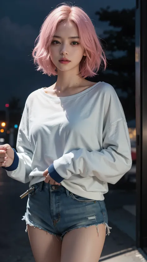 RAW shooting,12k, 最high quality, masterpiece, 超High resolution, (Realistic:1.4), RAW Photos, 1 girl,, short hair, (masterpiece, 最high quality, high quality, High resolution, Very detailed),pink hair, (Night lighting:1.4), Cyberpunk attire、Layer Color、Cloth...