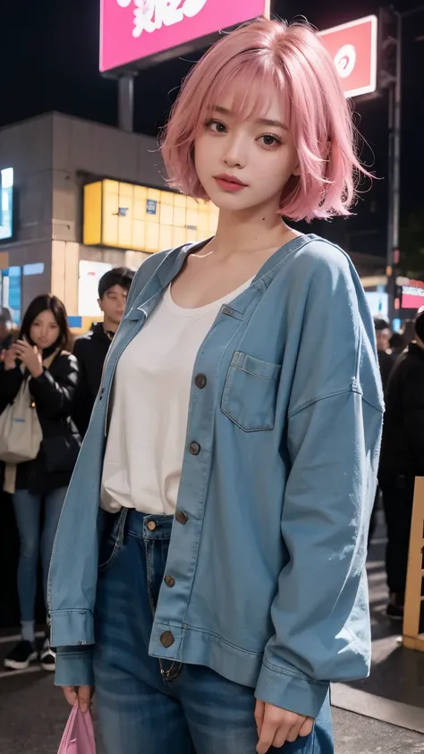RAW shooting,12k, 最high quality, masterpiece, 超High resolution, (Realistic:1.4), RAW Photos, 1 girl,, short hair, (masterpiece, 最high quality, high quality, High resolution, Very detailed),pink hair, (Night lighting:1.4), Cyberpunk attire、Layer Color、Cloth...