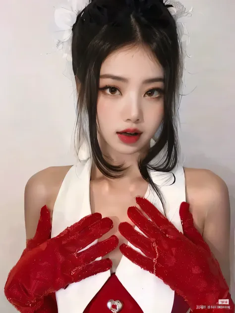 arafed asian woman in red and white dress with red gloves, red gloves, gongbi, xision wu, twintails white_gloves, blackpink jenn...